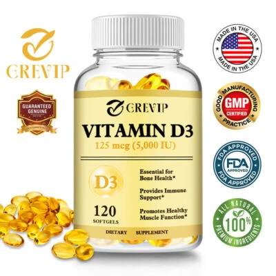 GREVIP Vitamina D3 (colecalciferol) 5000 UI - hueso fuerte, apoyo muscular, apoyo