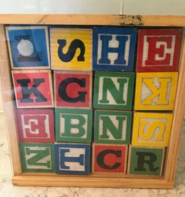 (48) 1 3/4" Wooden Schylling Alphabet Blocks In A Wooden Box  - Image 1 of 4