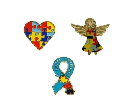3 Piece Set Autism Awareness Heart Colorful Puzzle Pieces Lapel Hat Pins 3P003 - Image 1 of 4