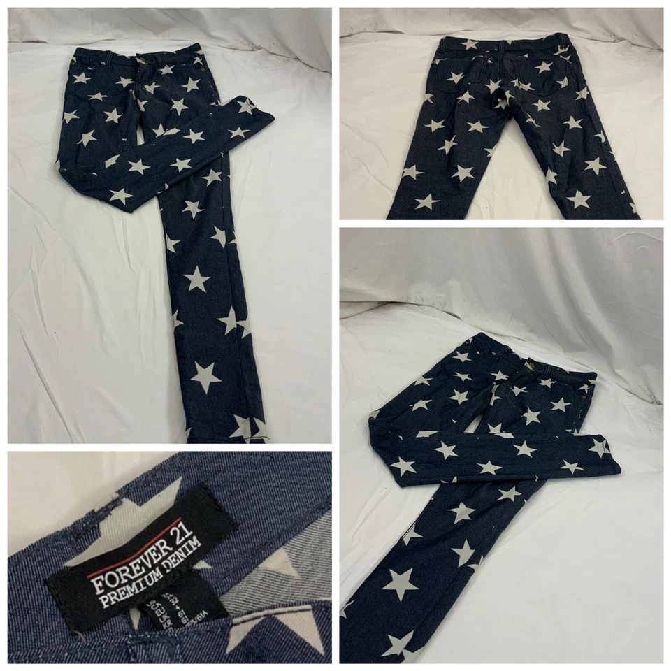 Forever 21女式裤子24蓝色星星美国国旗棉弹力紧身YGI Q1-236 — 第 1/4 张图片