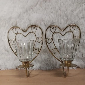 2 Wall Sconce Candle Holders Heart Shaped Metal Gold Home Interiors Vintage - Picture 1 of 4