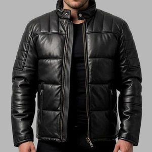 Chaqueta acolchada de motociclista de cuero negra hecha a mano para hombre - Ropa de invierno con cremallera - Imagen 1 de 6