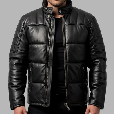Handmade Men’s Black Leather Biker Puffer Jacket – Zip Up Winter Wear - Image 1 of 4