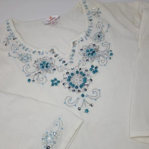 Quacker Factory Ivory Cream 3/4 Sleeve Turquoise Bead Rhinestone Pearl Sweater - Picture 1 of 7