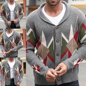 Fashion Cardigan Mens Jacquard Jacket Vintage Sweater Regular Length Holiday - Picture 1 of 72