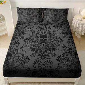 Schwarz Totenkopf Spannbettlaken Set Twin XL Größe, Blumen Blume Gothic Totenkopf Bettlaken... - Bild 1 von 9