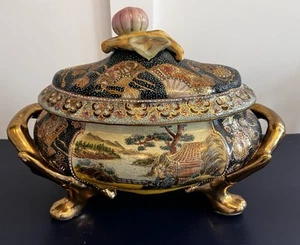 Vintage Japanese Porcelain Satsuma Tureen Lidded Large Footed Bowl Soup Urn - Picture 1 of 17