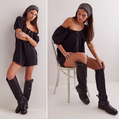 Babydoll Free People WE THE FREE Daisy ROMPER Talla M Negro Denim Bolsillos NUEVO Foto 1 de 4