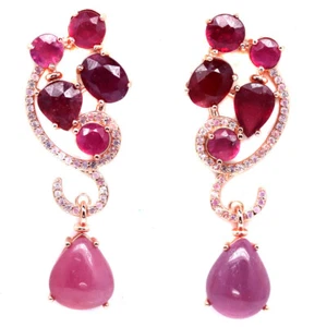 925 Sterling Silver Rose Gold Coated Red Ruby & Pink Sapphire Earrings - Picture 1 of 4