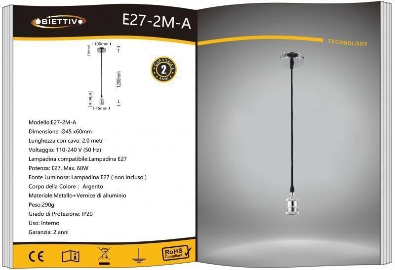 x Portalampada E27 Obiettivo E27-2M-A Sospensione Vintage Argento 2M - Immagine 1 di 1