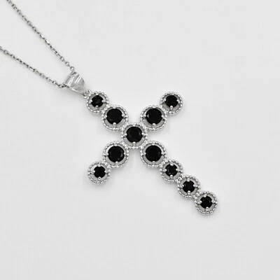 Colgante Cruz Santa Espinela Negra Natural Plata de Ley 925 Piedra de Nacimiento de Agosto Foto 1 de 4