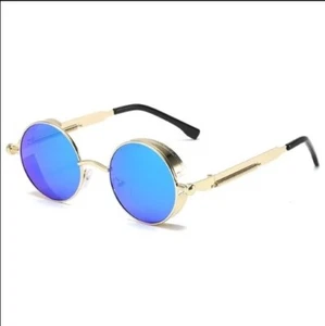 Classic Gothic Steampunk Sunglasses Brand Designer Vintage Round Metal BLUE TINT - Picture 1 of 2