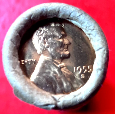 1955-S OBW SAN FRANCISCO  BANK WRAPPED ROLL  LINCOLN WHEAT CENT PENNIES. MINT++ Cover