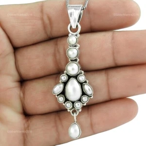 Pearl Gemstone 925 Solid Silver Mothers Gift June Birth Bezel Pendant Jewelry - Picture 1 of 5