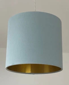 Lampshade Duck Egg Blue Velvet Brushed Gold Drum Light Shade - Picture 1 of 10