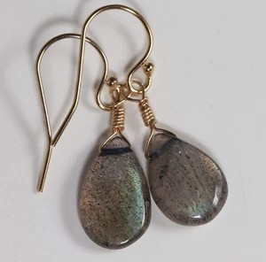 Smooth Pear Shaped Labradorite Drop Earrings on 14k gf Gold French Earwire - Picture 1 of 4