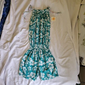 Silly Sarongs 10 Romper Teal White Hibiscus Flower Tropical Hawaiian Girls NWT - Picture 1 of 10