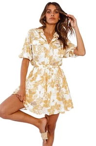 Hello Molly Dress Womens Size 6 Yellow Floral Print Short Sleeve Lined Boho - Picture 1 of 15