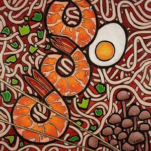 Ramen noodle shrimp, Original artwork mixed media with collage, 20''x20" - Picture 1 of 6