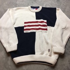 90s VTG TOMMY HILFIGER BIG FLAG LOGO COLORBLOCK Sweater XL Crest Striped Hip Hop