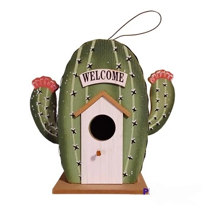 Cactus en flor estilo suroeste para casa de pájaros BIENVENIDO colgante/de pie madera/estaño Foto 1 de 4
