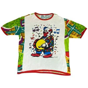 Vintage 80s White Multicoloured Geometric Patterned Clown Graphic T-Shirt XXL - Picture 1 of 3