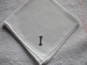 Vtg White Unisex Handkerchief Hand Monogrammed  "I" in green - Picture 1 of 4