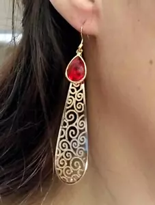 14k Gold Ruby Red Crystal Earrings Long Dangle Earrings Teardrop Earrings - Picture 1 of 5