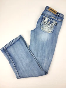 Platinum Plush Motorcycle & Wings Rhinestone Denim Boot Cut Blue Jeans Women's 9 - Picture 1 of 10