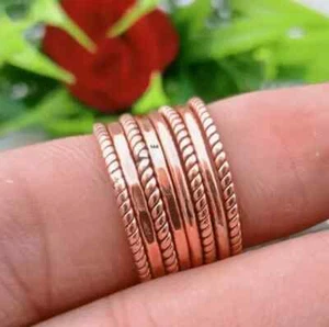 Copper Set of 8 Stacking Ring Copper Stacking Ring Simple Hammered &Twist Bands - Picture 1 of 10