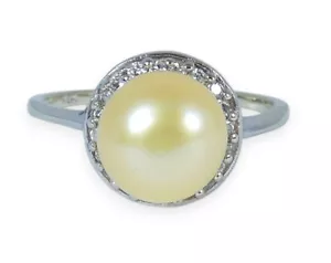 Solid 18ct Yellow Gold 8.5mm Golden Pearl & Diamond Cocktail Dress Ring 8 P 56 - Picture 1 of 12