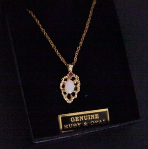 Van Doran Genuine Ruby & Opal Gold Tone Necklace Pendant In Box NEW 18" BB837 - Picture 1 of 5