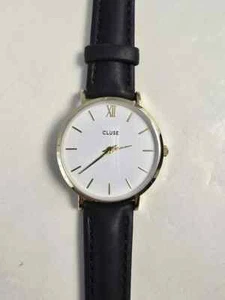 Cluse Minuit Womens Watch 38mm Gold Tone Round White Dial Black Leather Band NWT - Picture 1 of 6