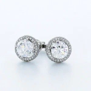 2.7CT LAB-CREATED DIAMONDS E/VVS1 ROUND CUT 14K WHITE GOLD 4-PRONG HALO STUDS - Picture 1 of 4