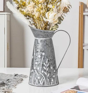 Vintage Galvanized Metal Pitcher Vase, Farmhouse Rustic Floral Milk Jug  - Picture 1 of 8