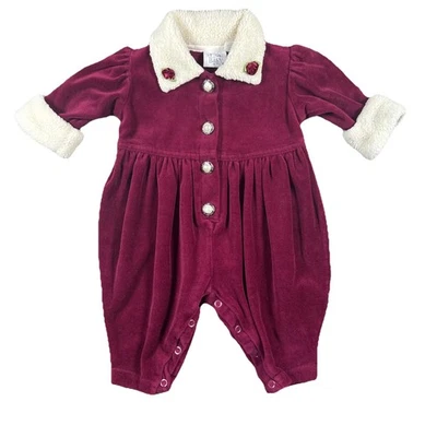 Mameluco vintage de Navidad borgoña para bebés niñas 3-6 meses rosetas y botones de perlas Foto 1 de 4