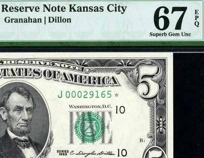 1963* 1967-J* $5 Kansas City STAR Federal Reserve Note • PMG 67 EPQ ((TOP POP)) - Image 1 of 3