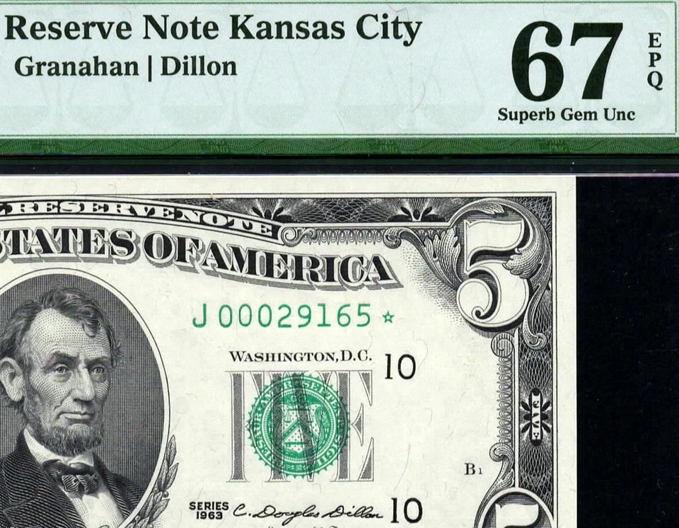 1963* 1967-J* $5 Kansas City STAR Federal Reserve Note • PMG 67 EPQ ((TOP POP)) - Image 1 of 3