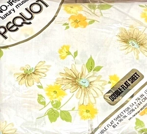Vtg Pequot 3 Pc Set Full Flat Sheet & 2 Pillowcases Muslin Yellow Floral Daisy - Picture 1 of 7