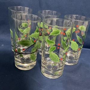 Set Of 5 Vtg Libbey Holiday Holly Tumblers Hand Painted MCM 14 Oz - Picture 1 of 9