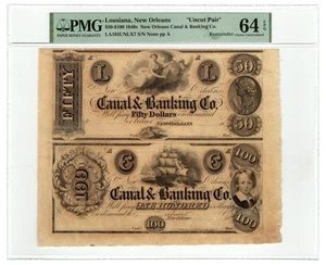 (Uncut Pair) 1800s Canal & Banking Co. - New Orleans, LOUISIANA Notes PMG 64 EPQ - Picture 1 of 2