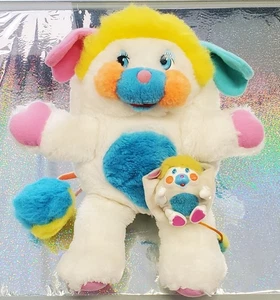 TWO Vtg Popples Puffball Dog Big 13" & Mini 3" Matching Pair White Yellow Blue - Picture 1 of 24