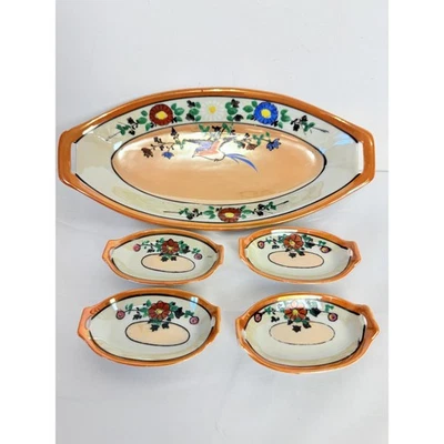 Juego de vajilla vintage Art Deco floral ovalada borde naranja Foto 1 de 4