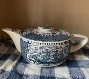 Currier & Ives Teapot Nautical Sailing Ships Lighthouse Marked Y Blue & White - Picture 1 of 17