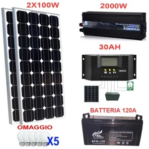 Kit Fotovoltaico 2 KW Pwm Inverter 2000W Pannello Solare 200W Batteria 120 Amp - Foto 1 di 7