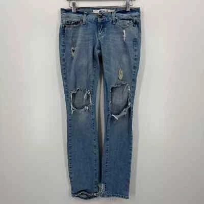 Jeans feminino Melville S azul cintura super baixa desgastado desgastado feito na Itália - Imagem 1 de 4