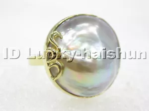 AAA 22mm Genuine 100% natural South Sea Gray Mabe Pearl Ring 925sc j4621 - Picture 1 of 3