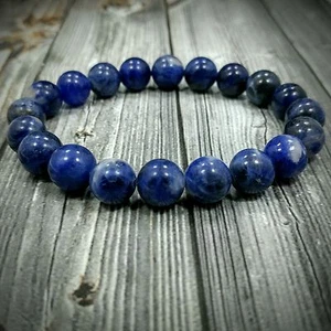 Bracciale Uomo 8"L Artigianale 10mm Autentico Pietra Preziosa Sodalite Blu Perline No Metallo - Foto 1 di 6