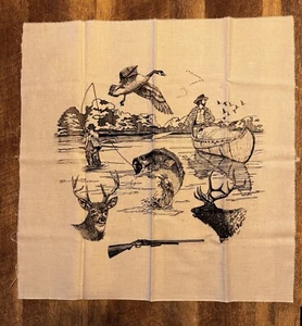 Vintage Outdoor Fishing Hunting Deer Elk Geese Bass Canoe Print On Fabric - Picture 1 of 22