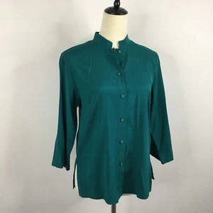 CITRON Green Silk Blend Mandarin Collar Slit Sleeve Button Shirt Womens sz PS - Picture 1 of 12